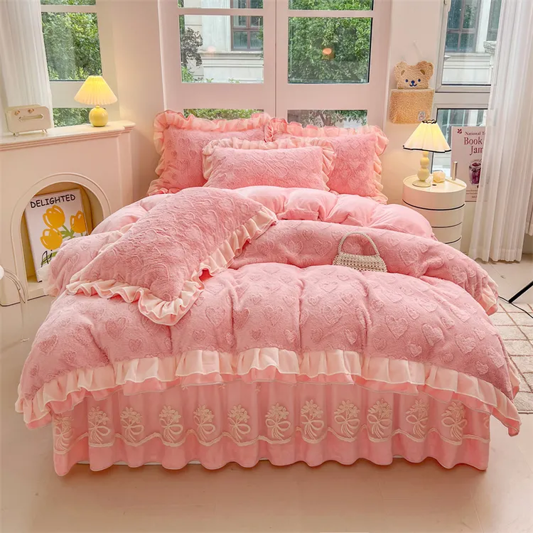 A类冬季加厚保暖牛奶绒床裙四件套公主风双面剪花绒被套床罩床品