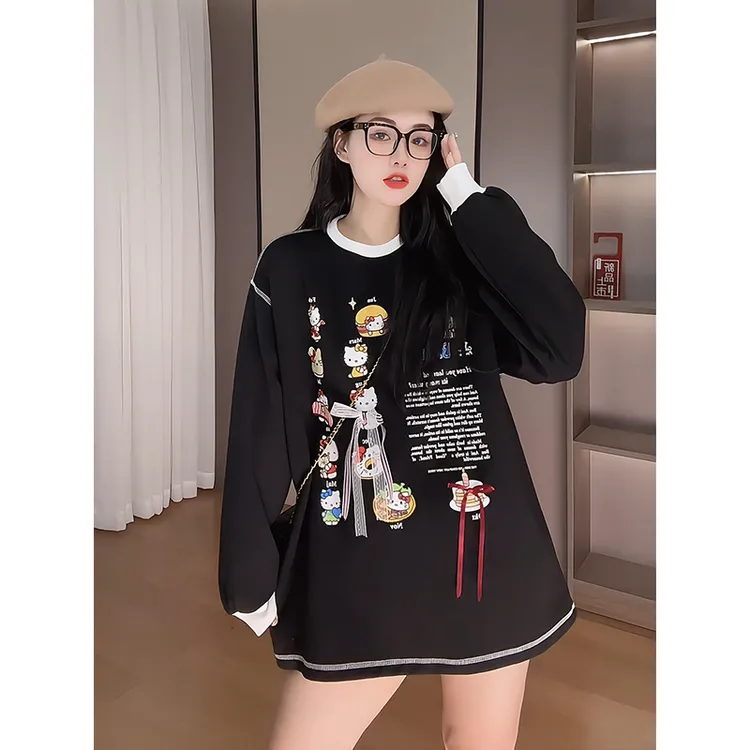 【高品质】韩系可爱趣味印花卫衣女2025秋季新款宽松显瘦撞色上衣