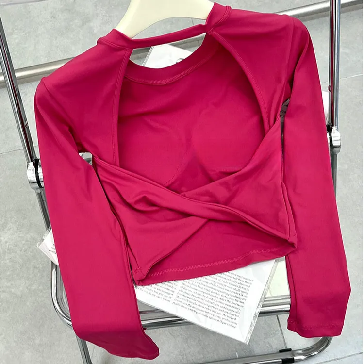 露背运动上衣女夏固定胸垫美背普拉提瑜伽服长袖可外穿速干健身服