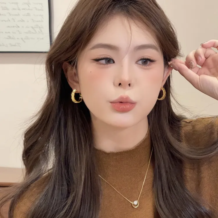 925银针耳饰 X814金色不规则波纹耳环百搭个性