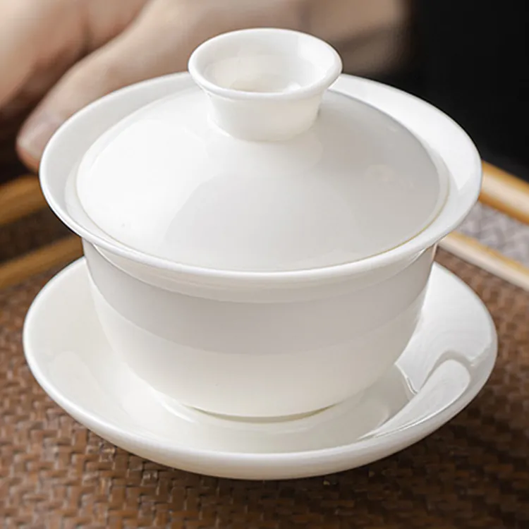 羊脂玉白瓷单个盖碗茶杯陶瓷茶具大号泡茶器德化家用功夫三才茶碗