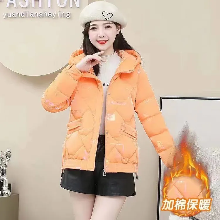 棉衣女短款韩版小个子亮面免洗连帽棉服2024冬季新款时尚百搭棉袄