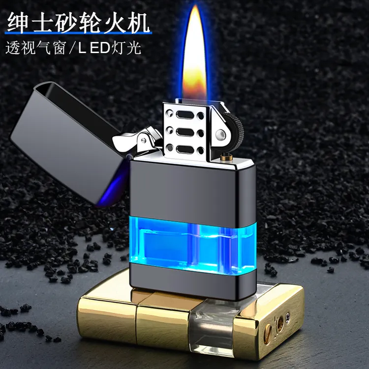 砂轮明火打火机透视气窗带LED闪灯创意礼品打火机送男士礼物个性