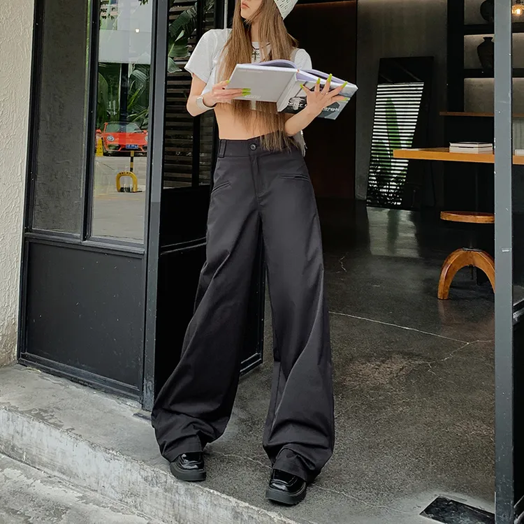 2024夏季新品经典黑米杏色高腰西装阔腿裤女宽松显瘦垂感休闲长裤