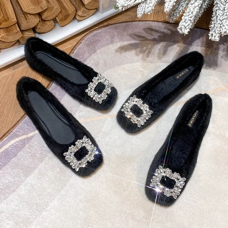 毛毛鞋女外穿新款保暖舒适百搭水钻方扣方头单鞋加绒一脚蹬通勤