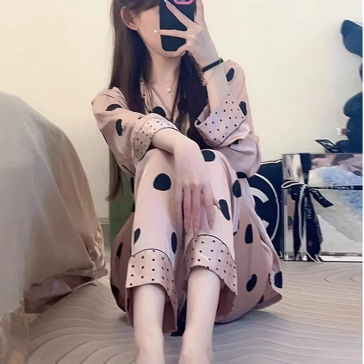 冰丝睡衣女春秋季韩版网红风小个子2025年新款休闲波点夏天薄款