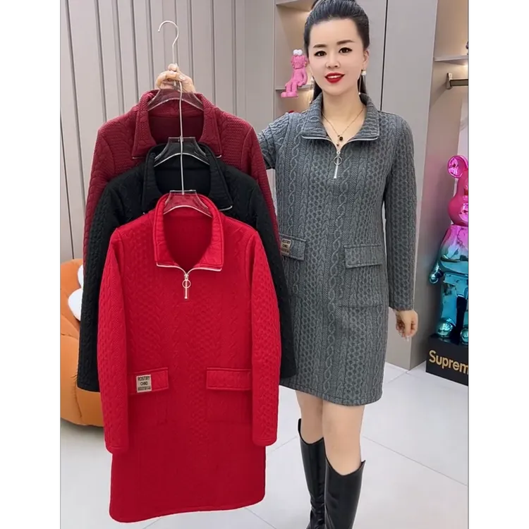 秋冬季气质翻领时尚显瘦洋气加厚连衣裙