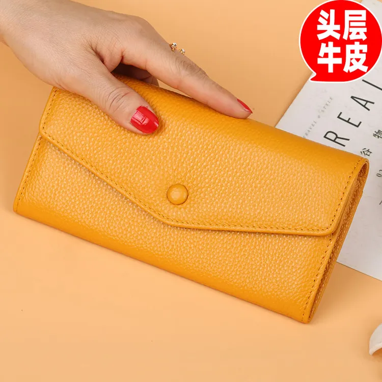 招财黄新款真皮钱包女士长款皮钱夹轻奢小巧薄款2025网红爆款正品