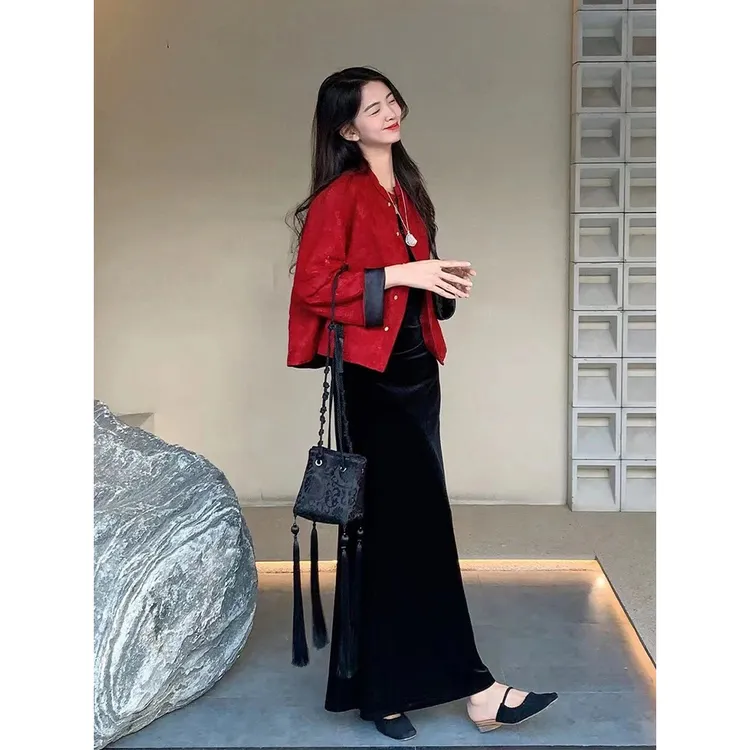 新中式国风唐装红色外套吊带连衣裙两件套装2026年早春季新款女装