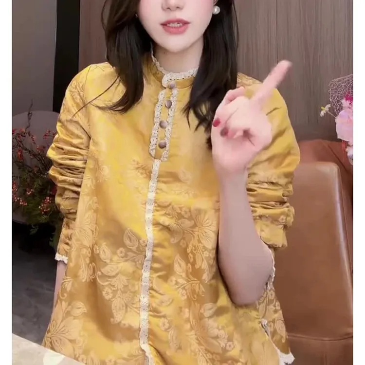 新中式国风女装黄色上衣2026秋冬新款高级感复古提花时尚百搭外套