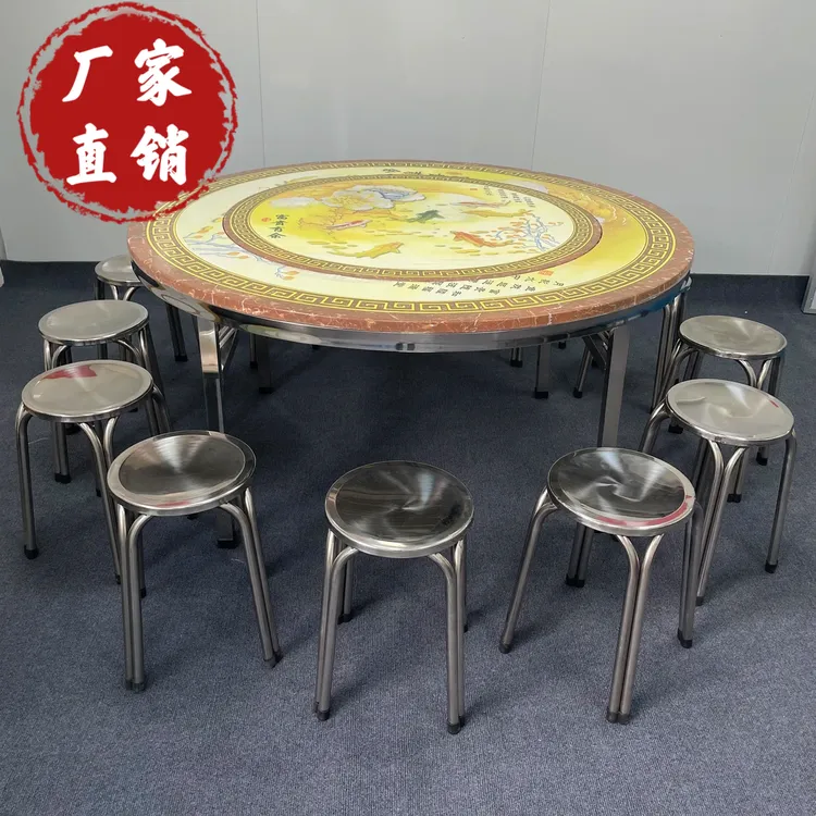 爆款彩图圆桌圆桌子折叠桌转盘餐桌食堂饭桌乡村家用酒店圆形桌子