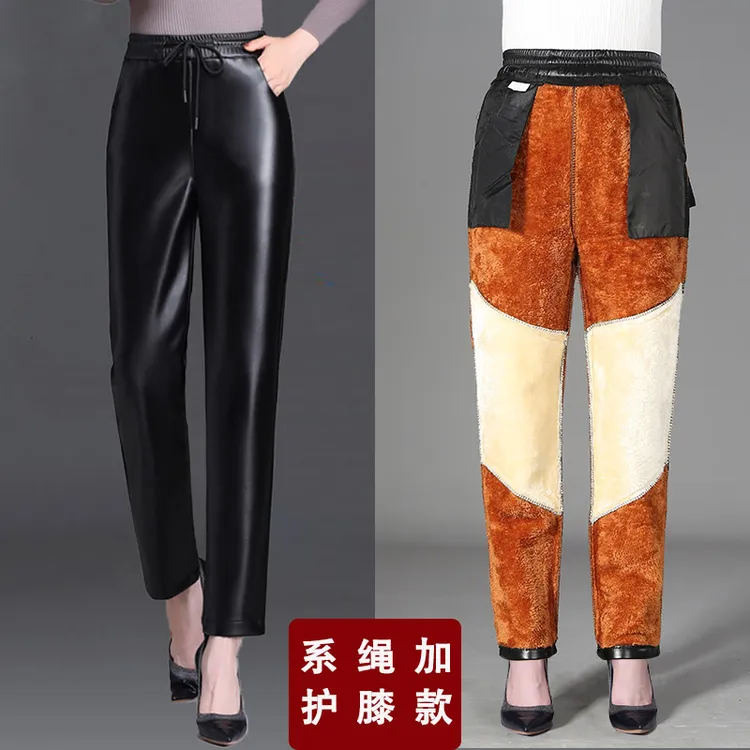 妈妈皮裤中老年外穿大码加绒加厚高腰宽松长裤防水防油防风女皮裤
