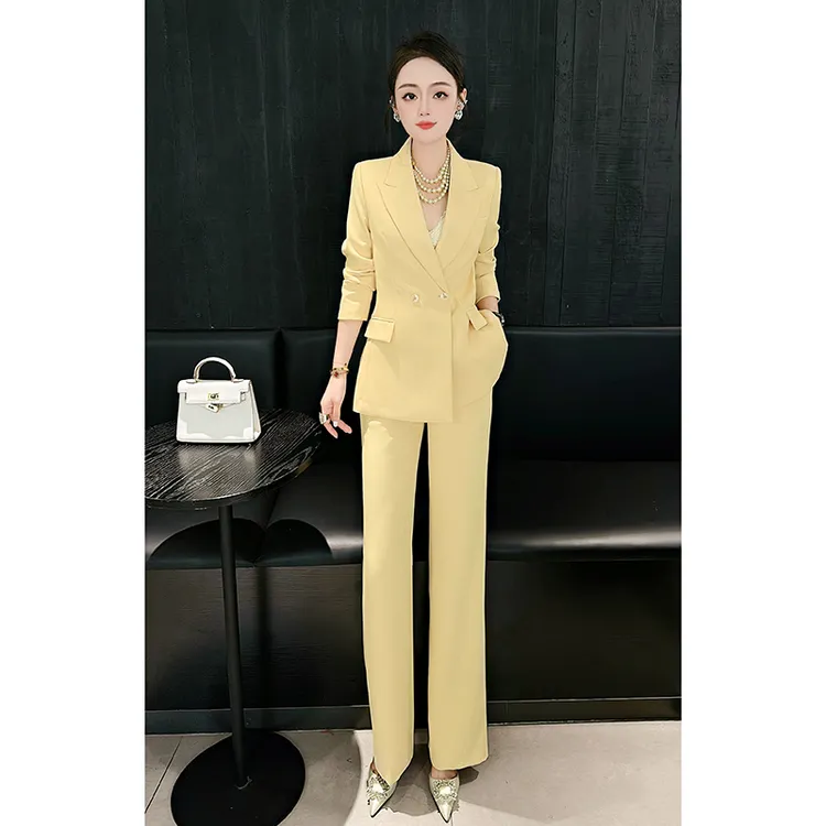 春秋新款气质通勤职业显瘦长袖外套西装套装女微喇叭裤长裤一整套