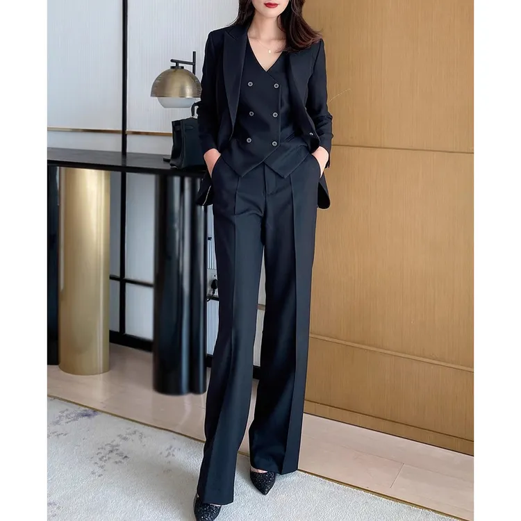 秋冬高品质职业黑色西装修身马甲直筒裤套装霸气女神范高级三件套