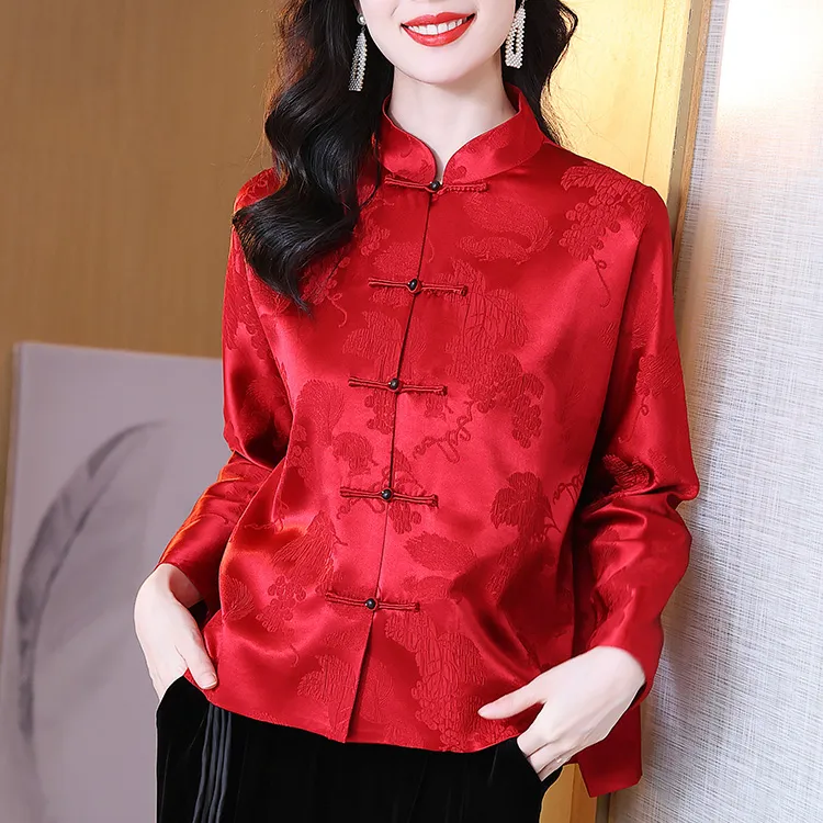 常熟新中式立领民族风桑蚕丝女士女中国红喜庆长袖提花盘扣唐装