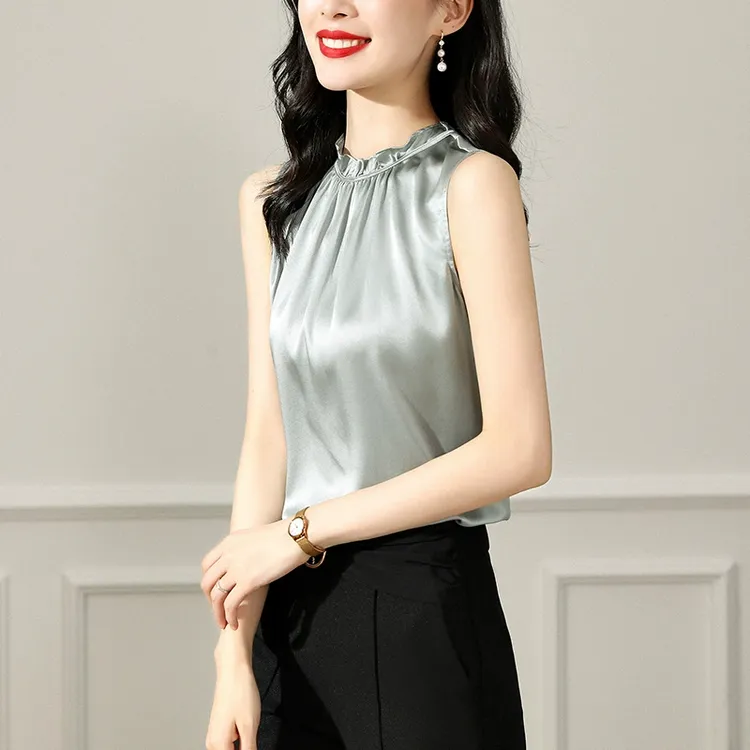 夏季纯色缎面真丝背心女士花边领气质打底显瘦无袖圆领桑蚕丝上衣