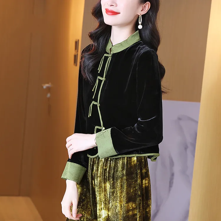 秋季撞色花萝拼接秋冬丝绒衬衫女士中国风流苏盘扣中式桑蚕丝上衣