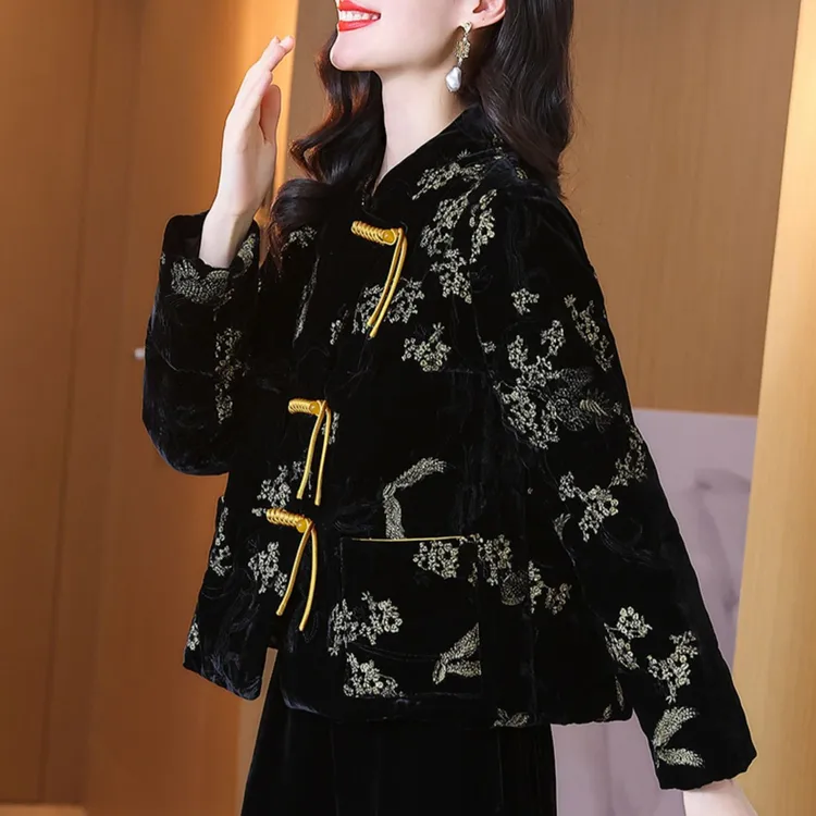 黑色中国风真丝绒新中式鹅绒羽绒服女短款复古国潮风刺绣盘扣外套