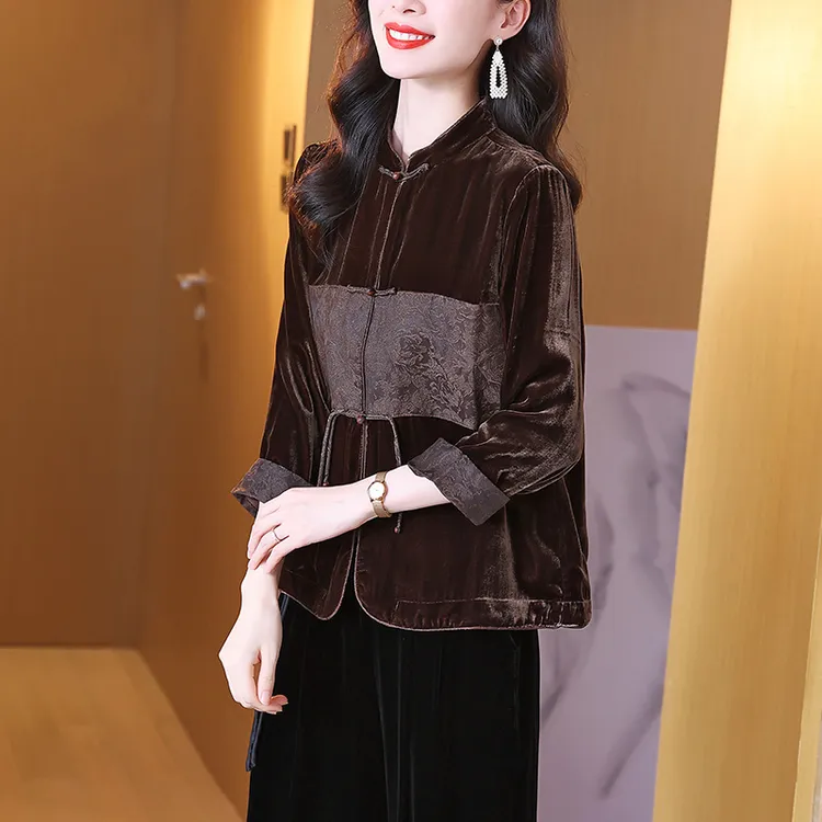 秋季复古洋气丝绒上衣女士宽松七分袖气质桑蚕丝开衫短外套国潮风