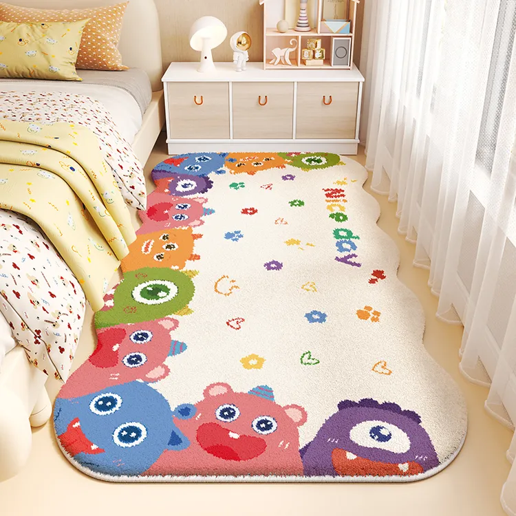 儿童房间多巴胺床边地毯可爱毛绒脚垫卧室床头仿羊绒主卧床前长条