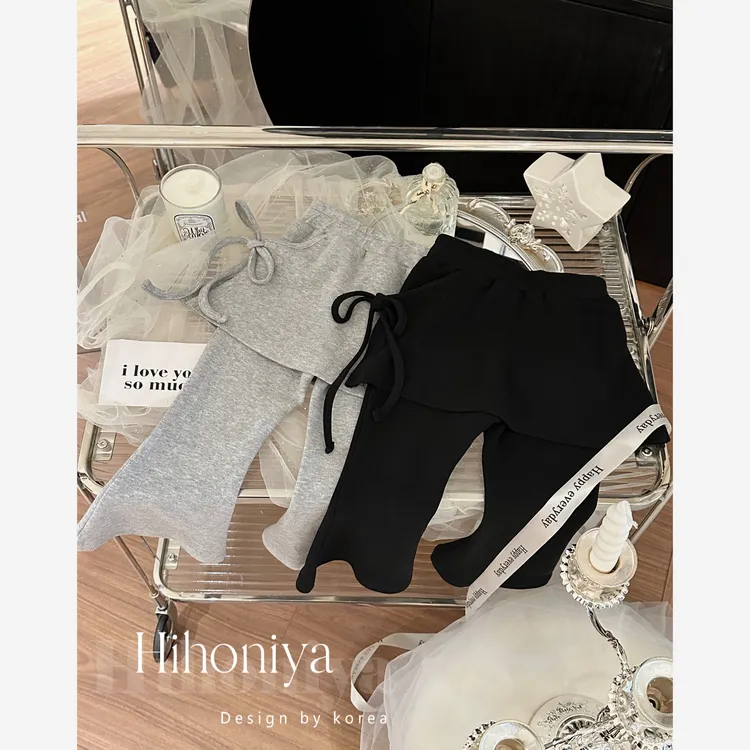 韩版童装春款新品女童喇叭裤侧绑带短裙假两件休闲长裤百搭