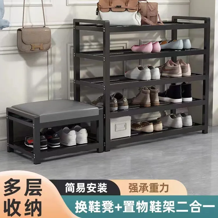 新款多层入户经济型简约创意碳钢换鞋凳家用门口收纳鞋架带凳子鞋