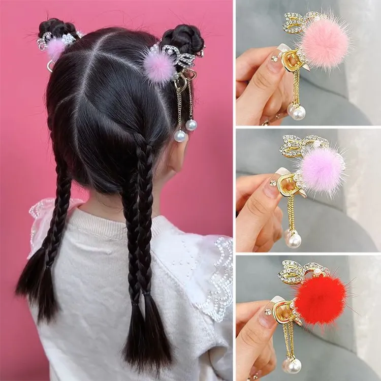【梦蜜】儿童秋冬貂绒毛兔子流苏高马尾固定发夹高品质镶钻闪闪