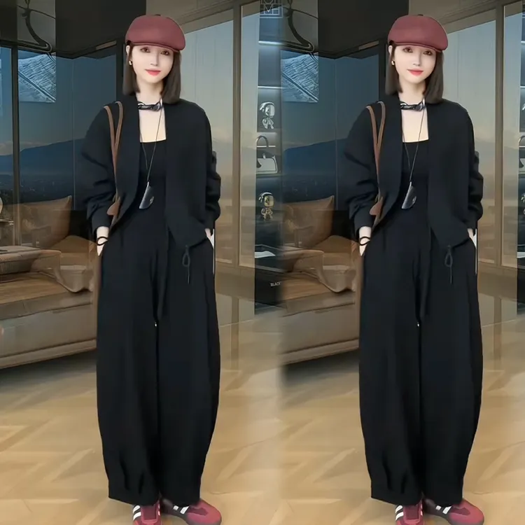 2024秋季新款洋气时尚爆款两件套百搭纯色外套高腰显瘦休闲裤套装