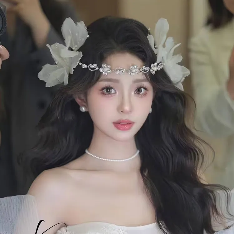 法式浪漫纯白娟纱水晶流苏花朵发箍森系新娘婚纱礼服头饰BH5786