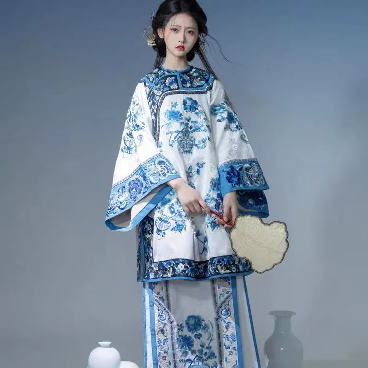一揽富贵中国风晚清青花瓷印花清汉女装商晋少奶奶服马面裙