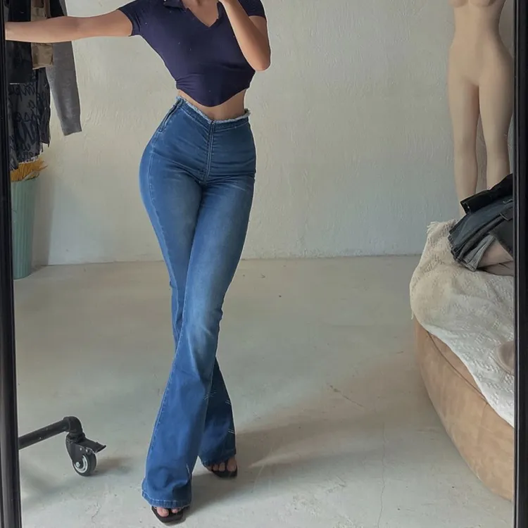 WUDASHEN 高腰超模紧身抽绳加长拖地磨毛大腿水洗喇叭裤显臀牛仔