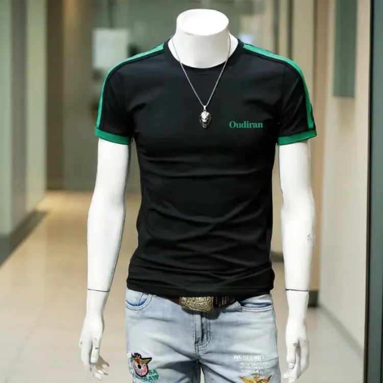 男士t恤短袖2024新款夏季纯棉条纹徽章刺绣重磅轻奢时尚潮牌男装