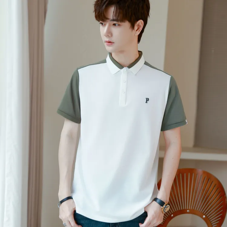 polo衫男士男士t恤短袖拼接刺绣冰丝商务男装夏装有领上衣体恤潮