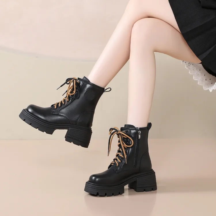 品质重工马丁靴2024秋冬新款厚底增高短靴复古百搭女皮靴防滑加厚