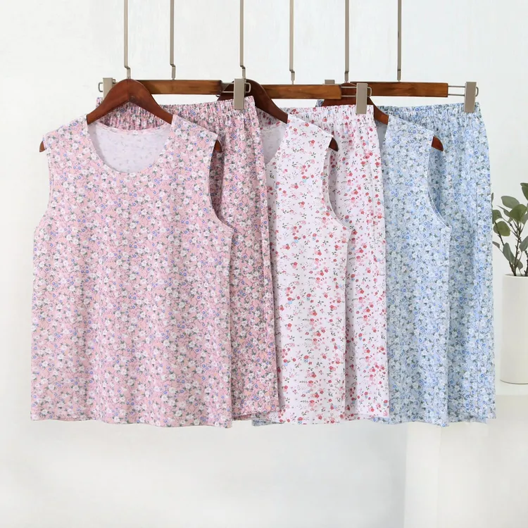 中老年纯全棉背心女妈妈宽松薄无袖加肥大码夏家居服七分睡裤套装