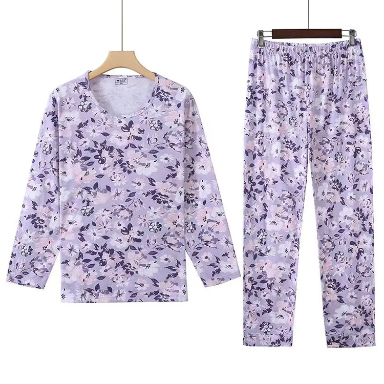 中老年女士大码春秋新款棉长袖睡衣睡裤套装薄款纯宽松印花加肥全