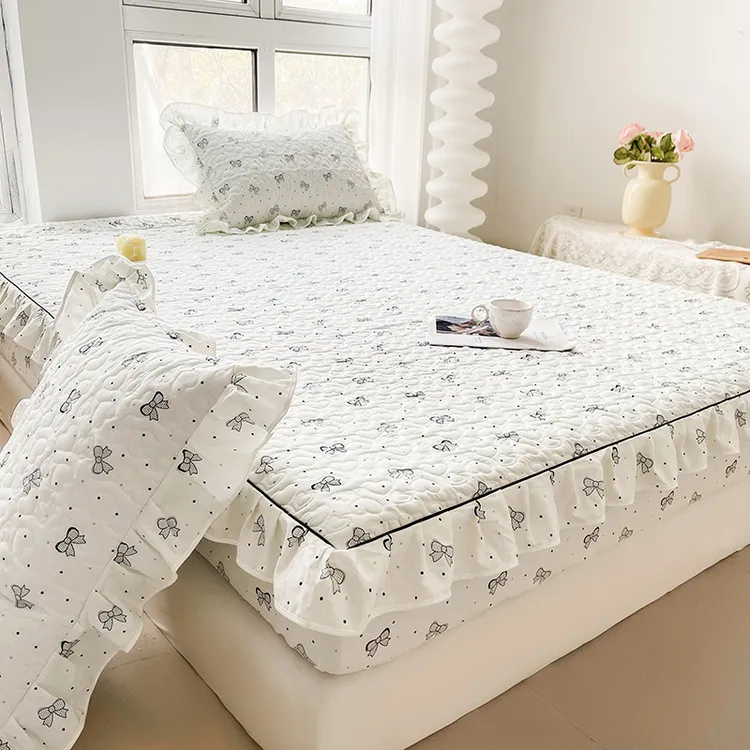 富安娜2025纯棉印花夹棉床笠三件套亲肤透气花边床套床罩四季通用