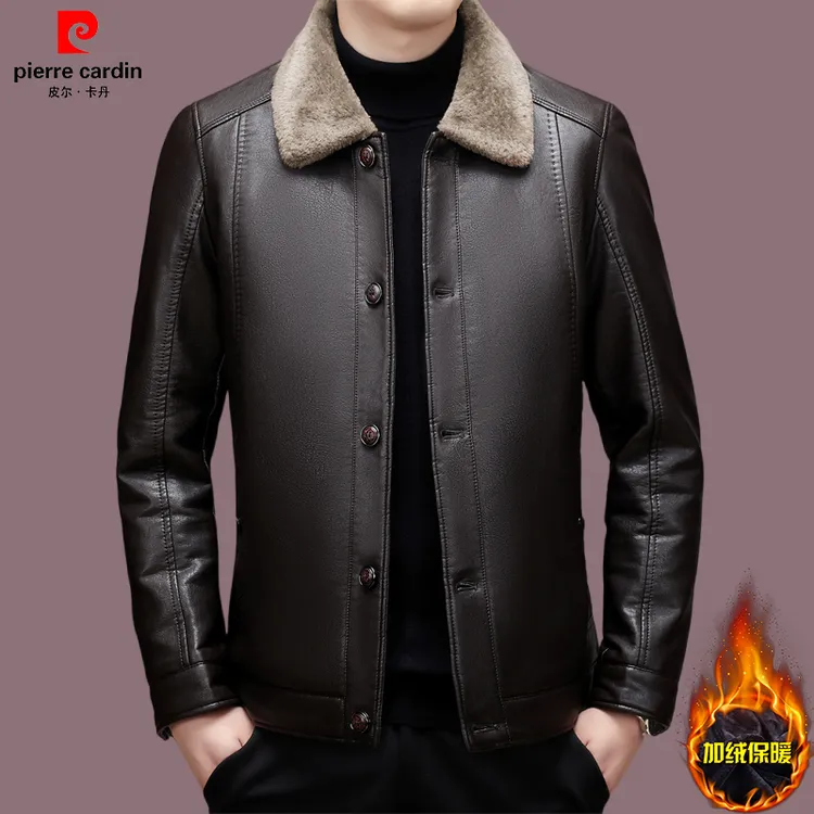 【皮尔卡丹品牌正品】男士皮衣中年爸爸高档翻领休闲皮夹克冬季保暖