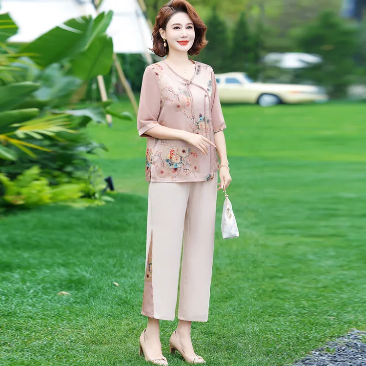 妈妈夏装国风T恤套装洋气时尚中老年女40岁50宽松洋气两件套上衣