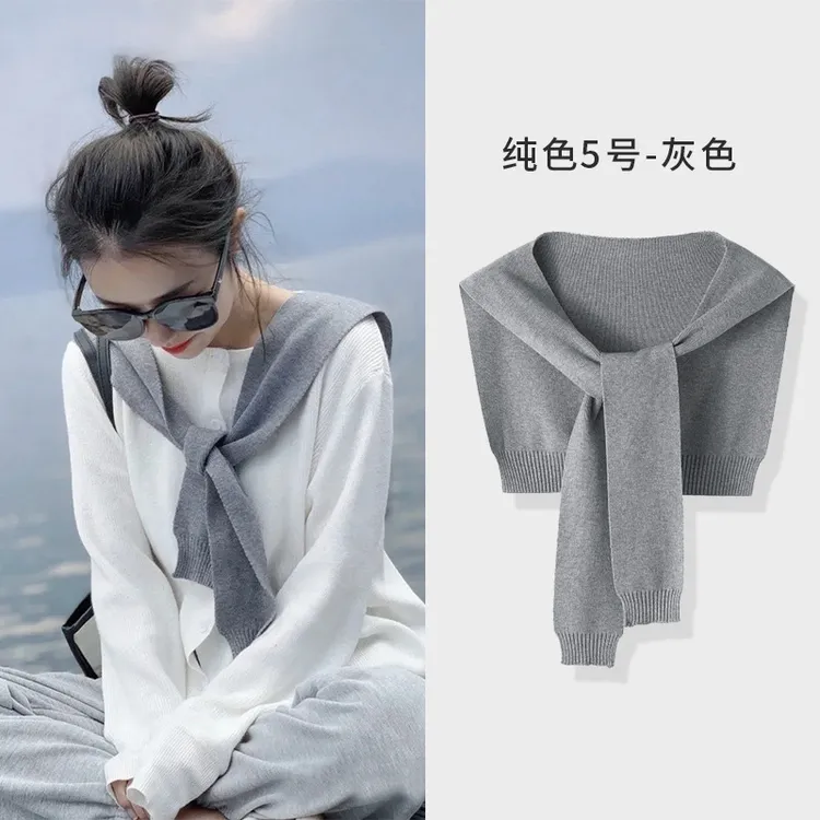 搭配衬衫的小披肩外搭网红爆款打结条纹灰色针织围巾春秋空调护肩