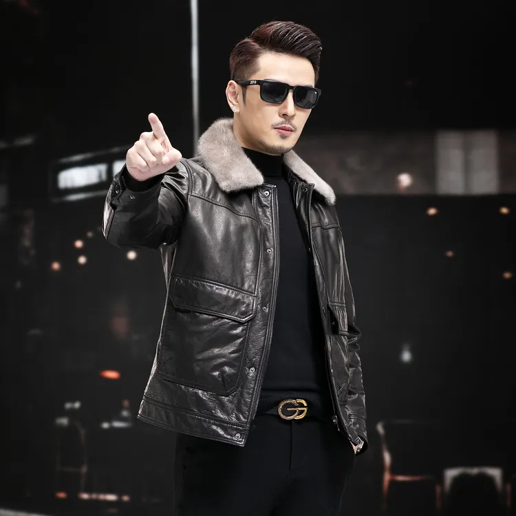 可脱卸羽绒内胆真皮皮衣男士海宁头层牛皮水貂毛领加厚冬季外套