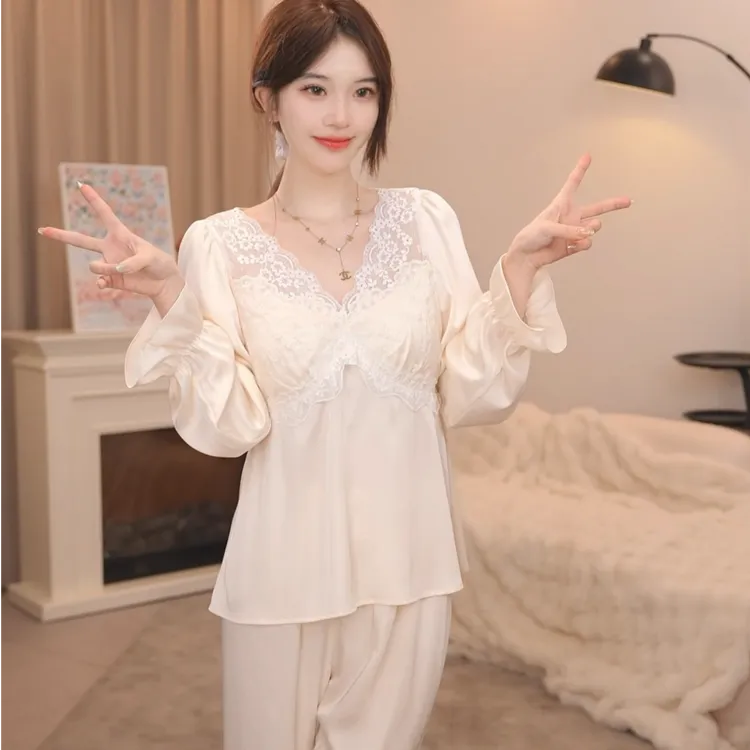 板栗小姐【花嫁两件套A】新款女春秋蕾丝甜美高级家居服套装可外穿