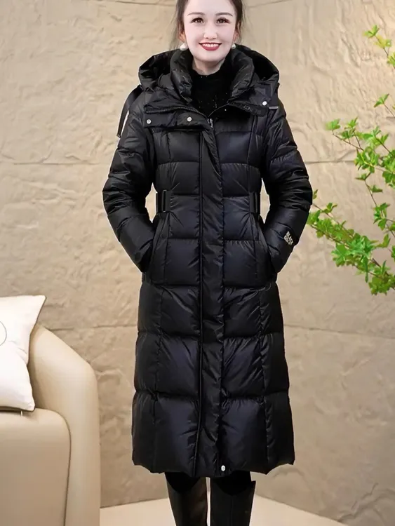 防水免洗羽绒服女长款过膝2025冬新款大码妈妈加厚保暖白鸭绒外套