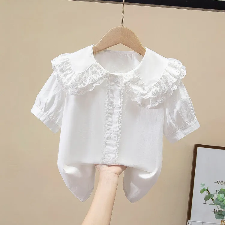 女童娃娃领衬衫2025夏季新款儿童白色短袖衬衣女孩纯棉上衣洋气