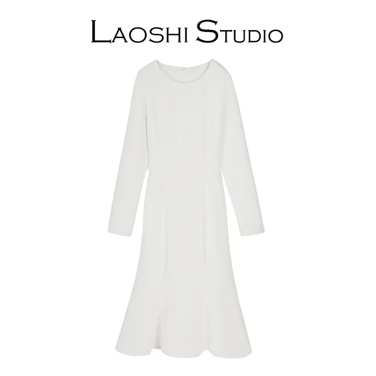 老SHI工厂店气质长袖鱼尾连衣裙蝴蝶结系带收腰长裙 宴会逛街白色