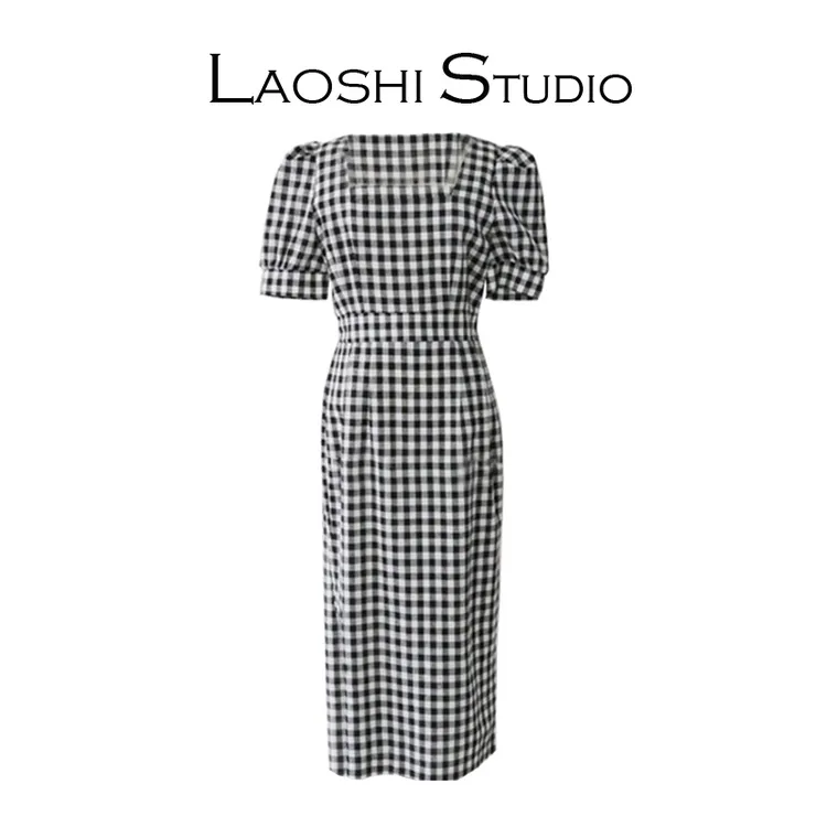 老SHI工厂店 复古方领高腰连衣裙夏季格子长裙修身