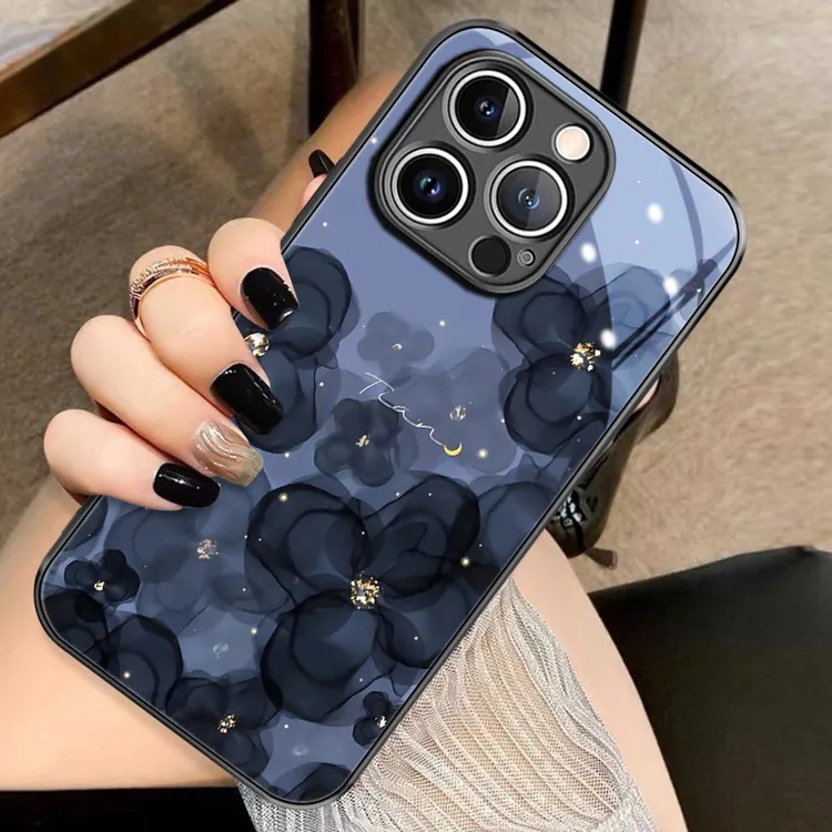 黑色花朵苹果15promax手机壳iphone14女新款苹果13个性12全包11