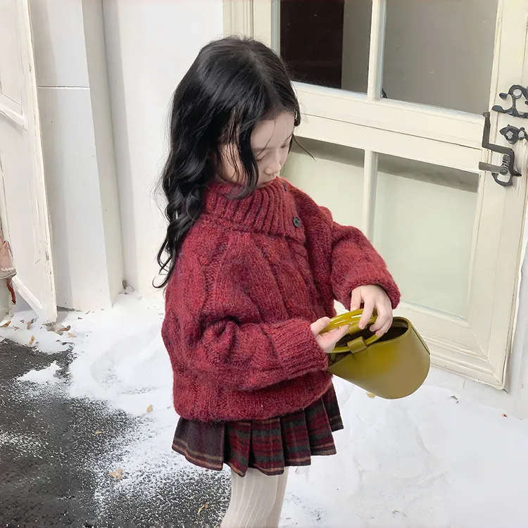 冬款女童红色针织长袖毛衣+红格长裤半裙洋气小女孩圣诞过年衣服