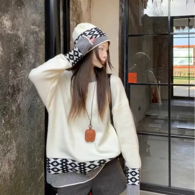 费尔岛毛衣女秋冬2024年新款复古设计感提花圆领长袖针织衫