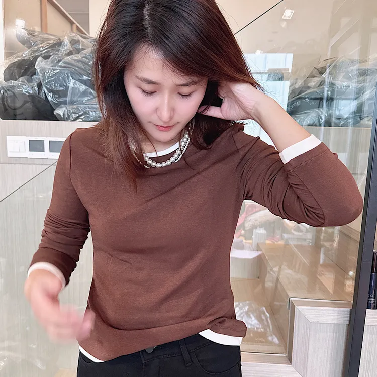 欧洲站2024秋冬新款时尚拼色圆领长袖内里加绒保暖亲肤T恤打底衫